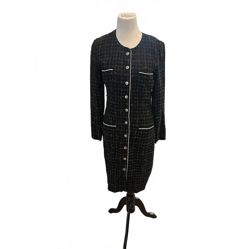 Donna Ricco New York Vintage Black White Grid Button Front Coat Dress Size 8